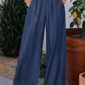 Sail Blue Side Pockets Frilled Smocked High Waist Wide Leg Jeans