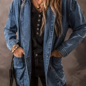 Sail Blue Side Pockets Lapel Collar Denim Jacket