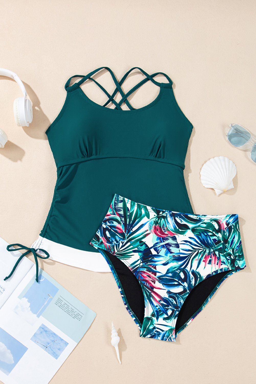 Sea Green Drawstring Tummy Control Mix-And-Match 2Pcs Tankini Swimsuit