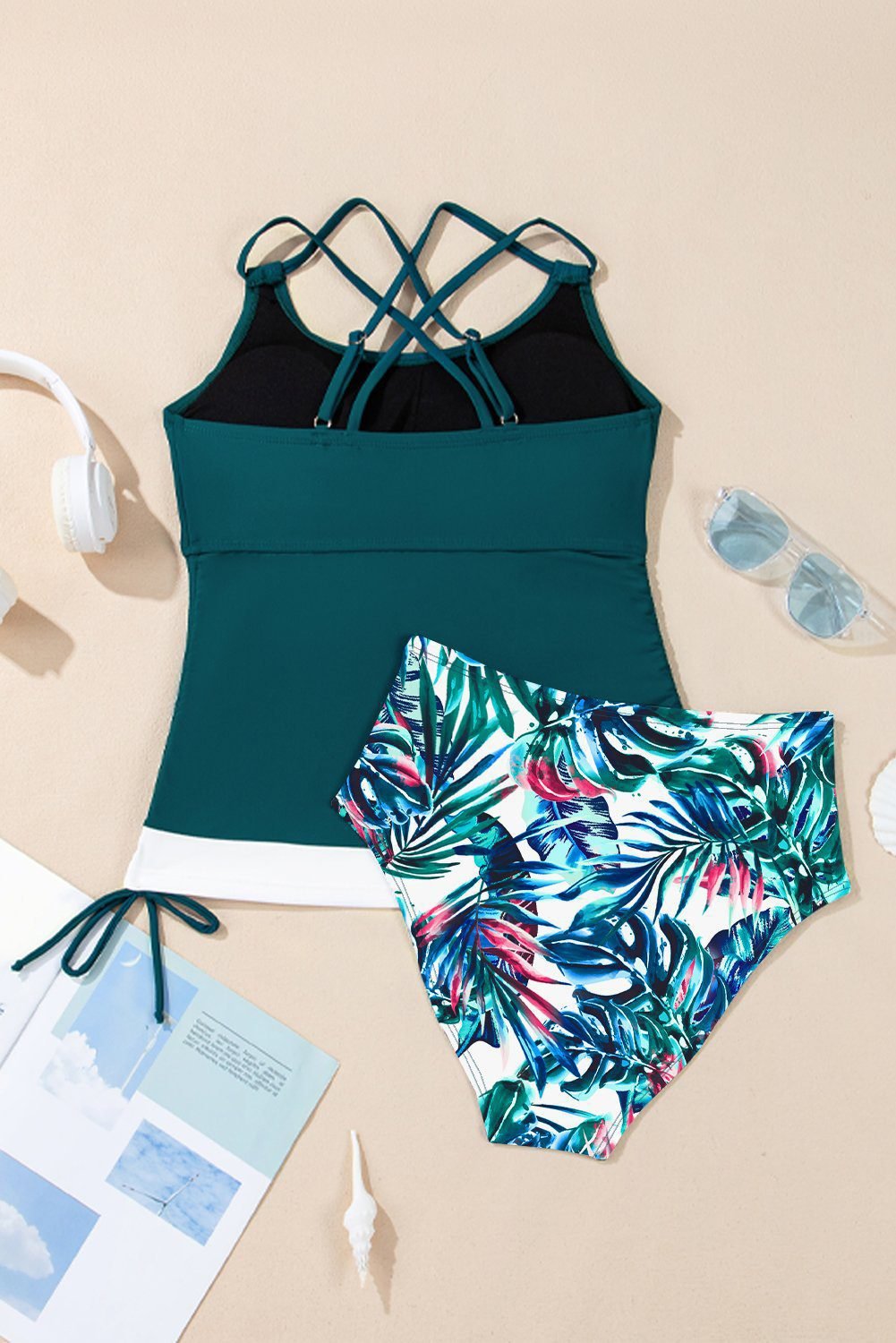 Sea Green Drawstring Tummy Control Mix-And-Match 2Pcs Tankini Swimsuit