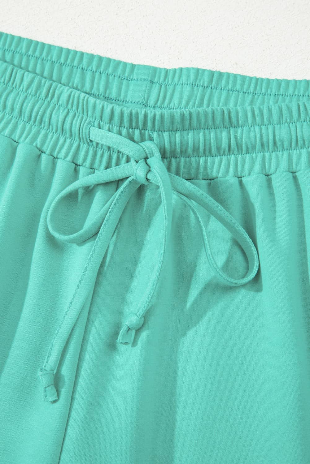 Sea Green Drop Shoulder V Neck Pullover Top And Drawstring Short Plus Size Set
