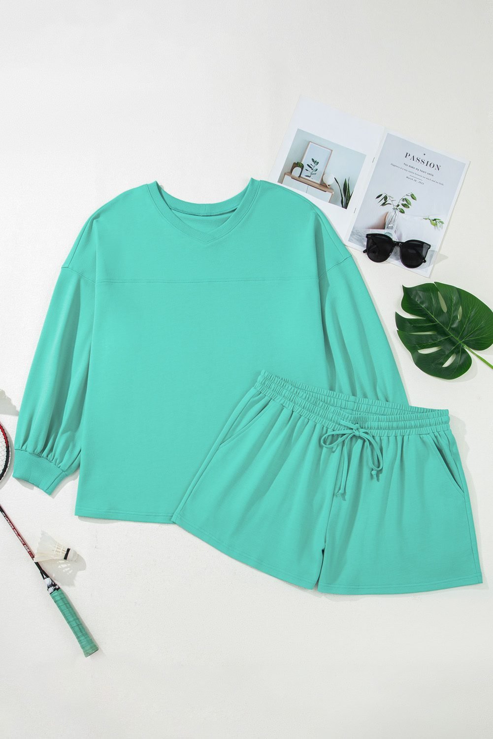 Sea Green Drop Shoulder V Neck Pullover Top And Drawstring Short Plus Size Set