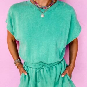 Sea Green Mineral Wash Drawstring Waist Hollow Out Back Short Sleeve Romper