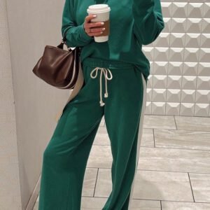 Sea Green Solid Color Pullover Top Varsity Stripe Detail Loose Drawstring Pants Set