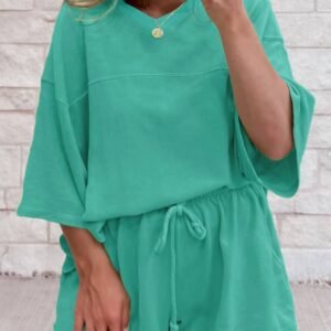 Sea Green Solid Loose V Neck Half Sleeve Tee And Shorts