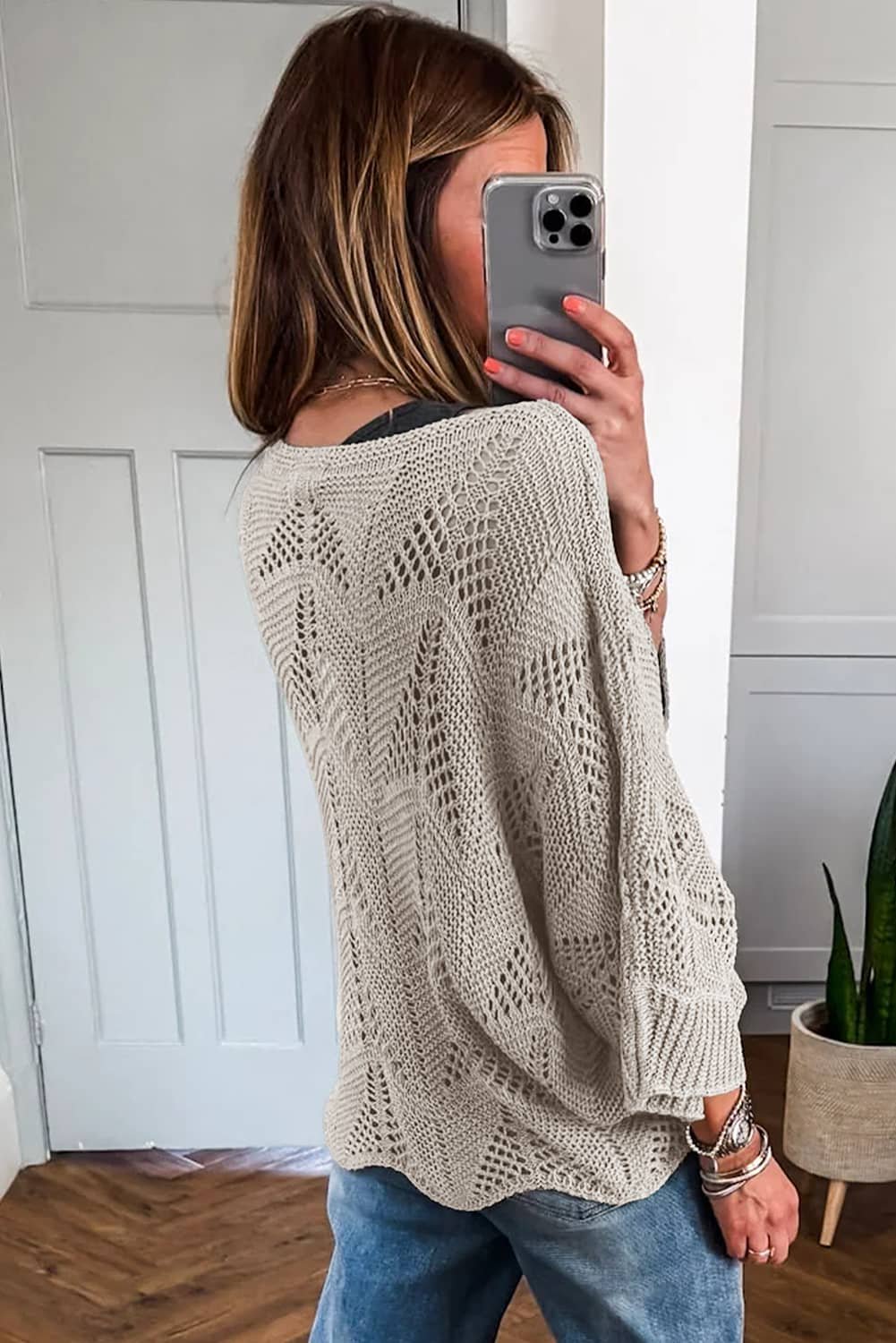 Seagrass Hollow Out Knit 7/8 Sleeve Casual Sweater