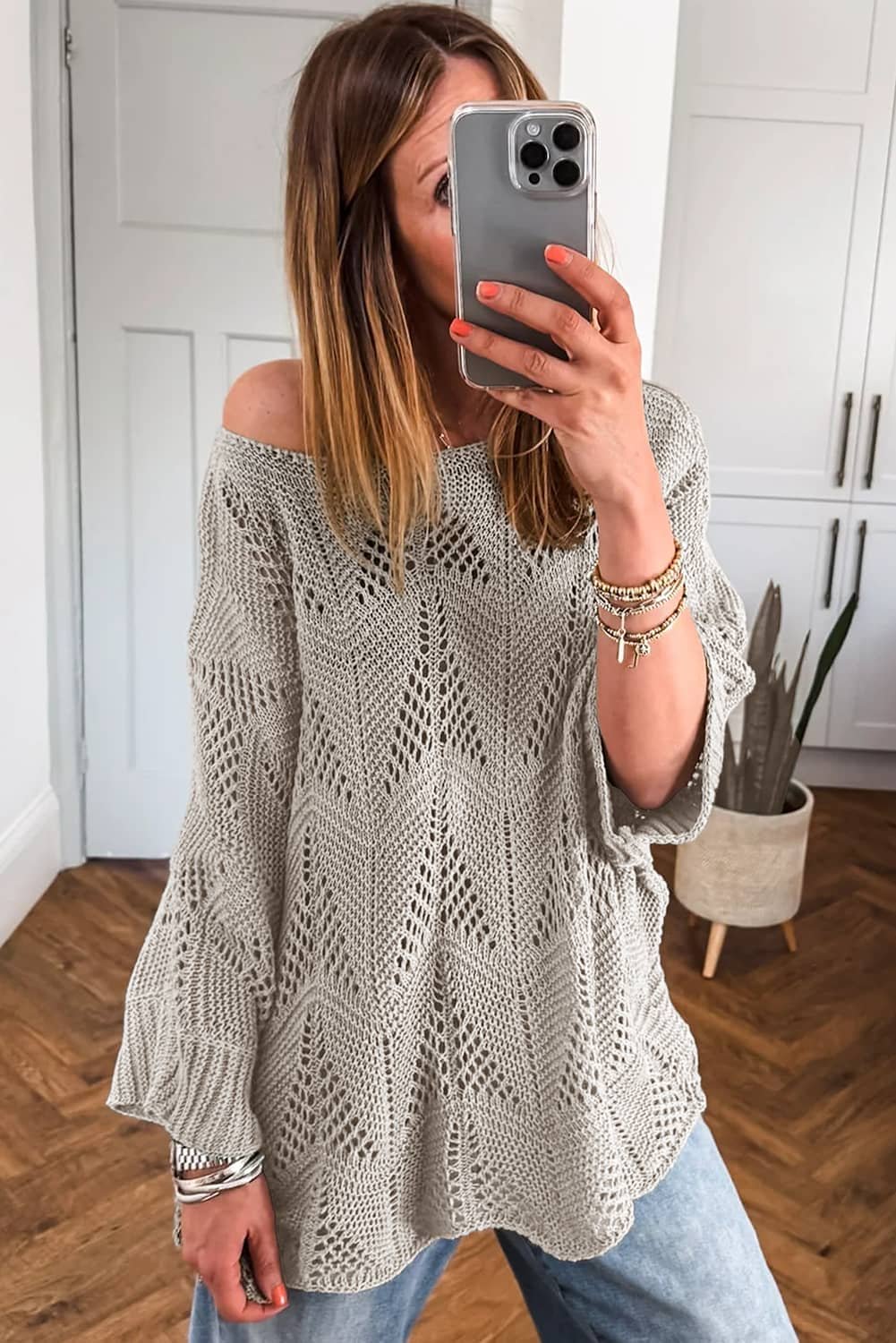 Seagrass Hollow Out Knit 7/8 Sleeve Casual Sweater