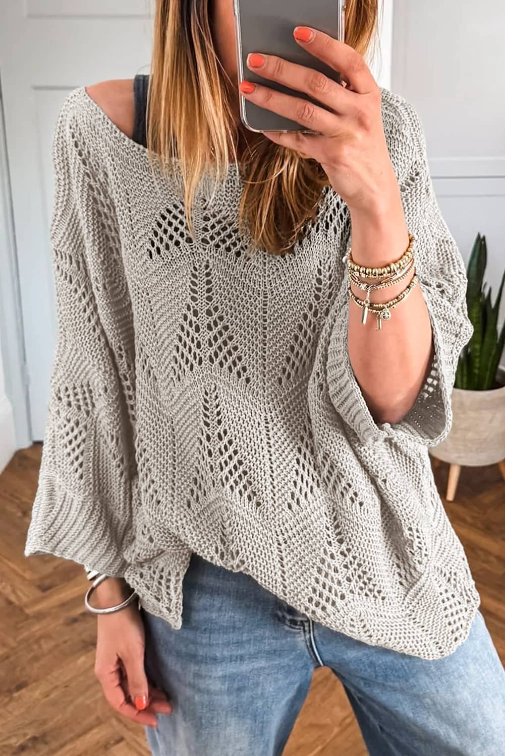 Seagrass Hollow Out Knit 7/8 Sleeve Casual Sweater