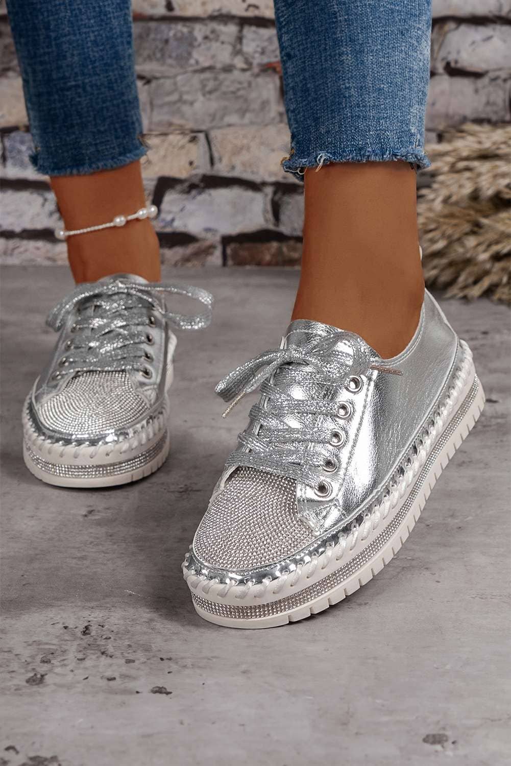 Silvery Rhinestone Metallic Sheen Lace-Up Flat Shoes