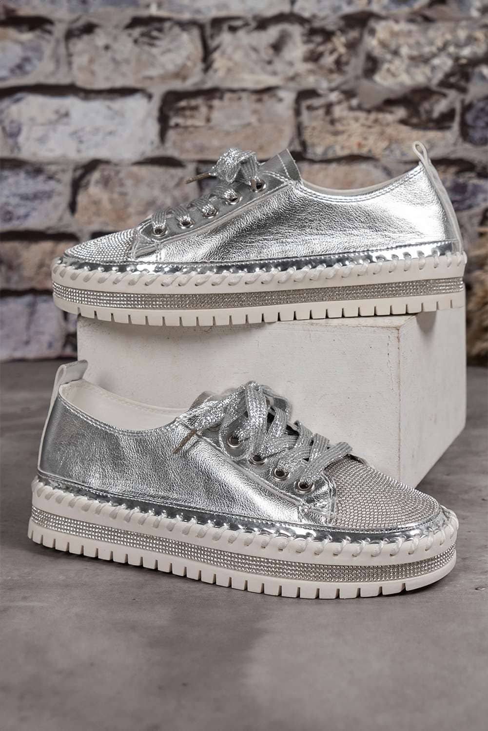 Silvery Rhinestone Metallic Sheen Lace-Up Flat Shoes