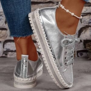 Silvery Rhinestone Metallic Sheen Lace-Up Flat Shoes