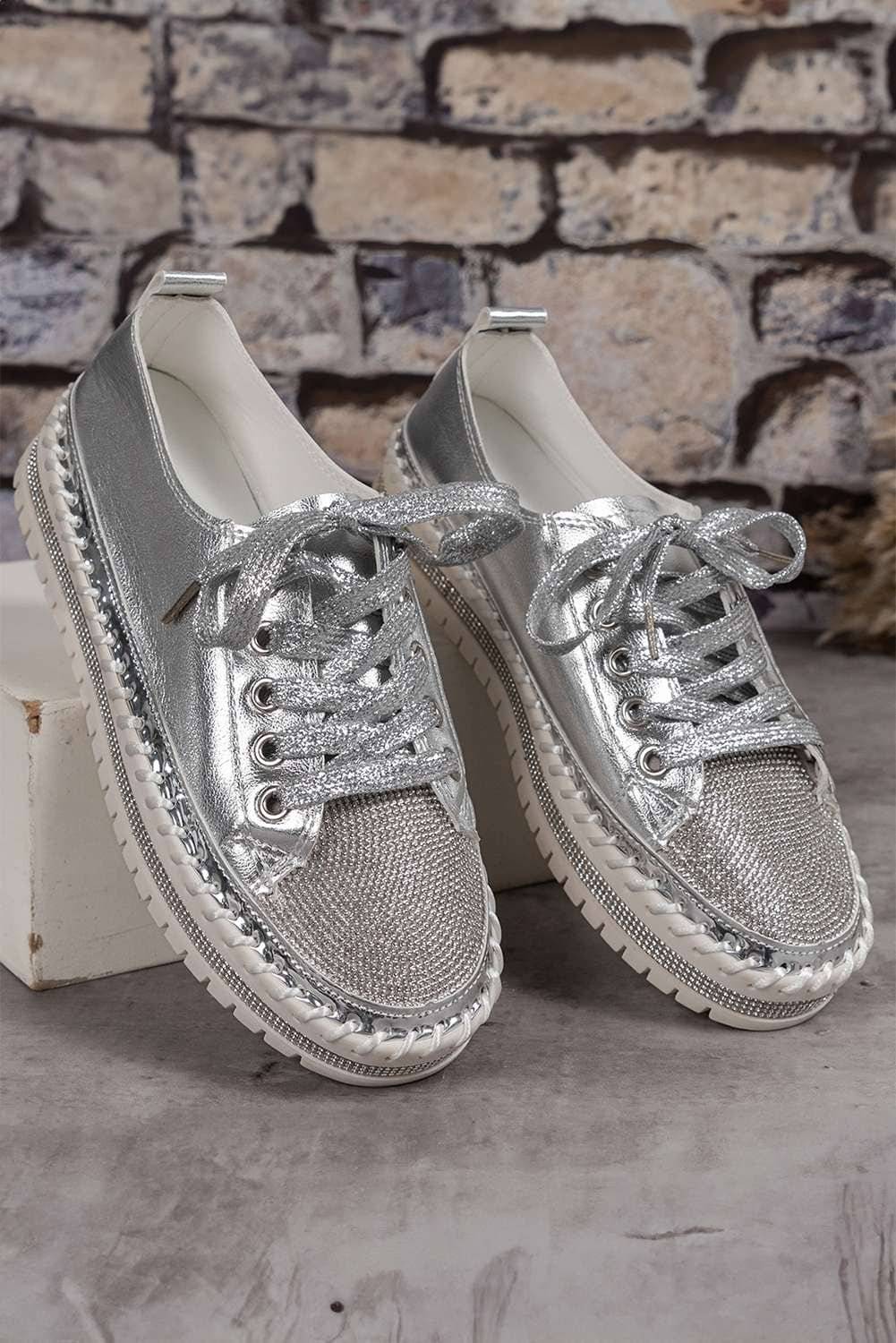 Silvery Rhinestone Metallic Sheen Lace-Up Flat Shoes