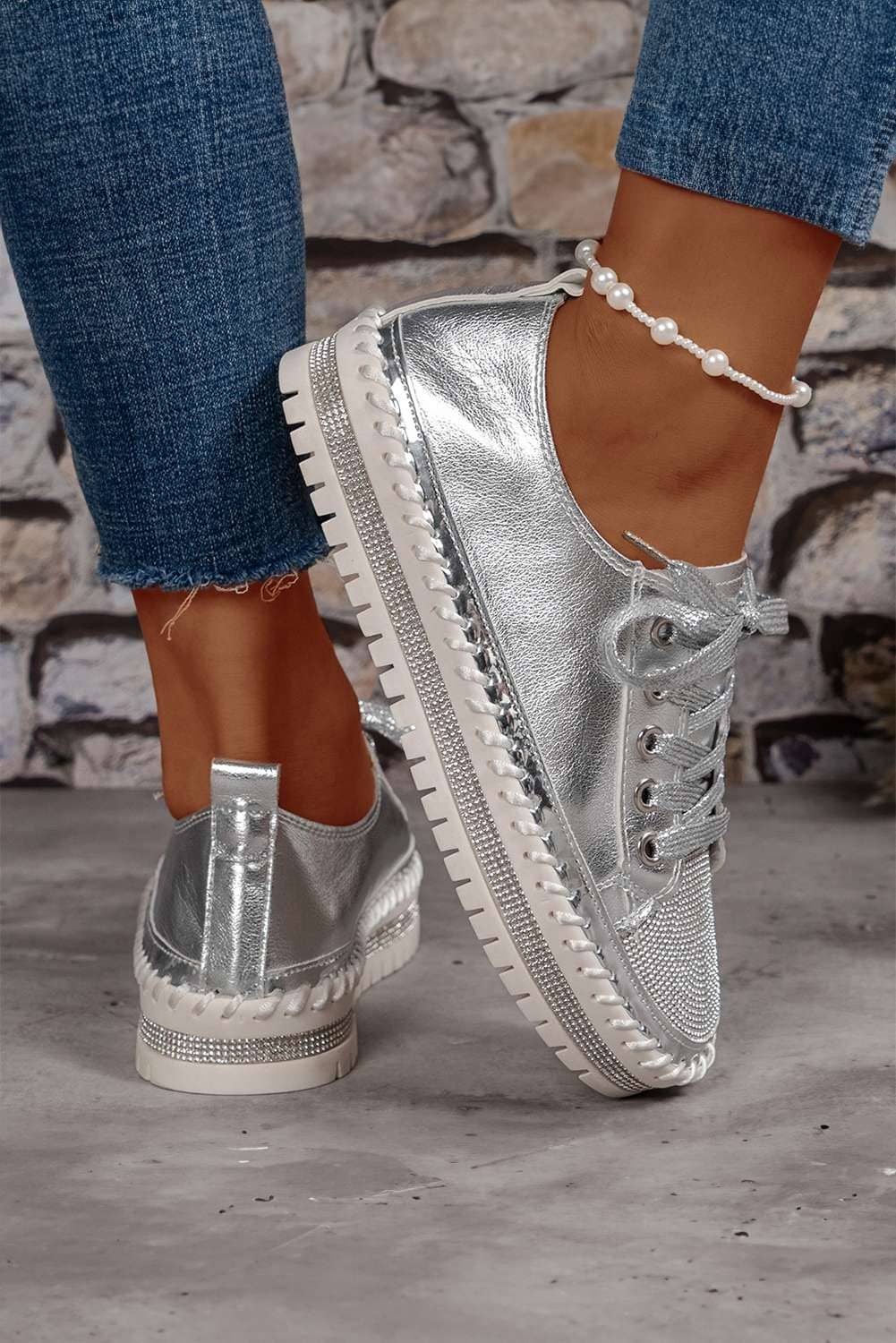 Silvery Rhinestone Metallic Sheen Lace-Up Flat Shoes