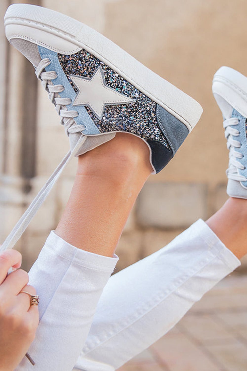Silvery Star Glitter Patchwork Lace-Up Sneakers