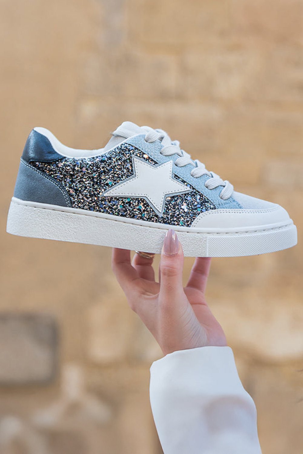 Silvery Star Glitter Patchwork Lace-Up Sneakers