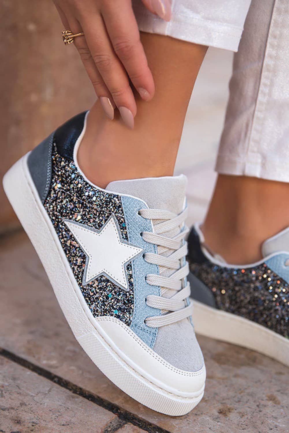 Silvery Star Glitter Patchwork Lace-Up Sneakers