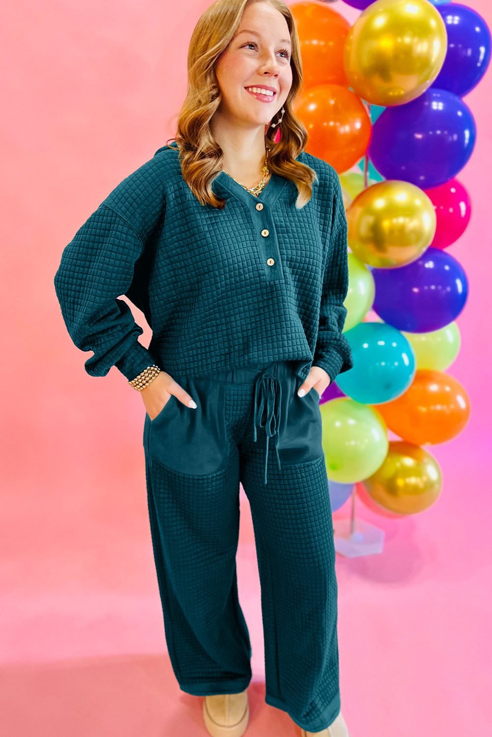 Skobeloff Waffled Textured Raw Edge Patchwork 2Pcs Loose Pant Set