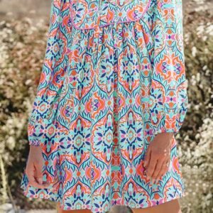 Sky Blue Abstract Printed Long Sleeve Tied Neckline Mini Dress