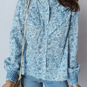 Sky Blue All Over Floral Puff Sleeve Shirt