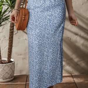 Sky Blue Boho Floral High Waist Long Skirt With Side Split