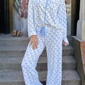Sky Blue Bow Print Long Sleeve Shirt And Pants Soft Pajama Set