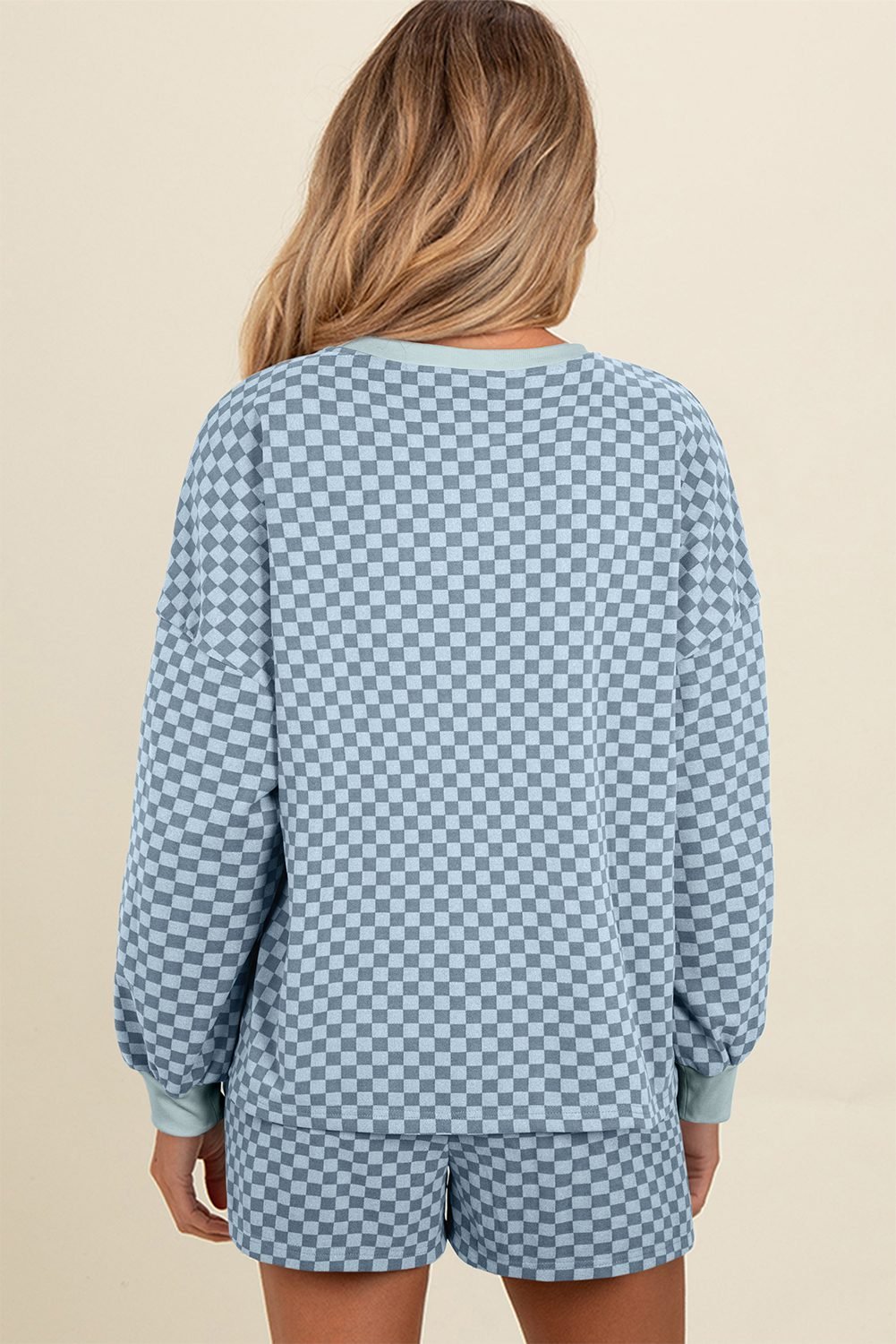 Sky Blue Checkerboard Long Sleeve Pullover And Shorts Set