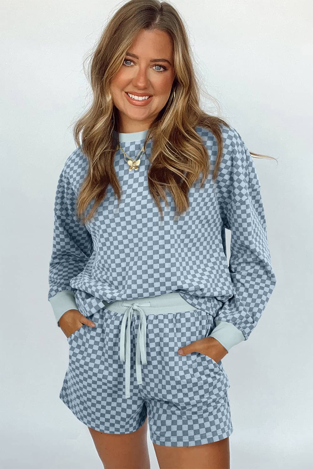 Sky Blue Checkerboard Long Sleeve Pullover And Shorts Set