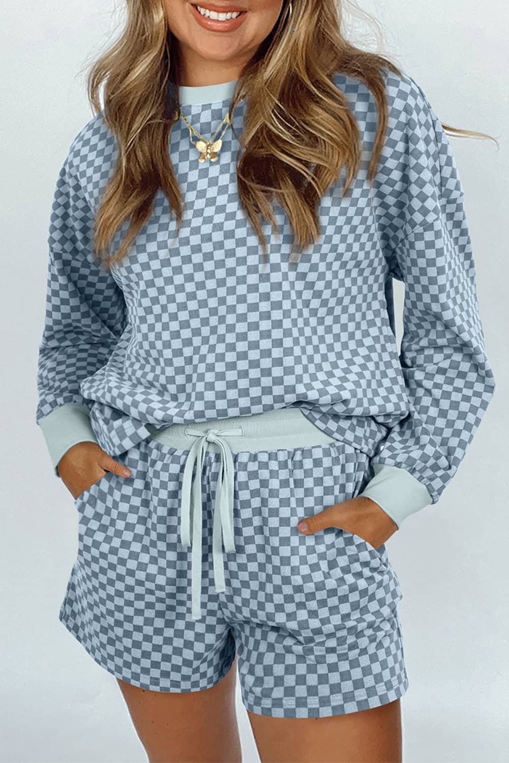 Sky Blue Checkerboard Long Sleeve Pullover And Shorts Set