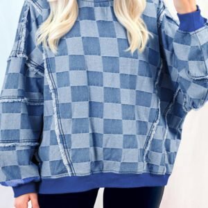 Sky Blue Checkerboard Splicing Raw Detail Oversized Denim Pullover