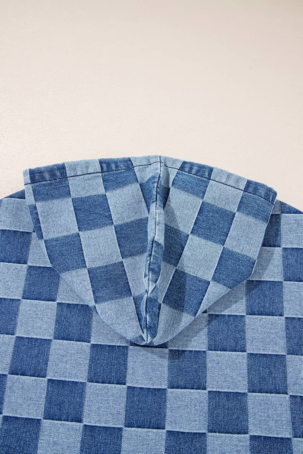 Sky Blue Checkerboard Zipped Neck Kangaroo Pocket Denim Hoodie