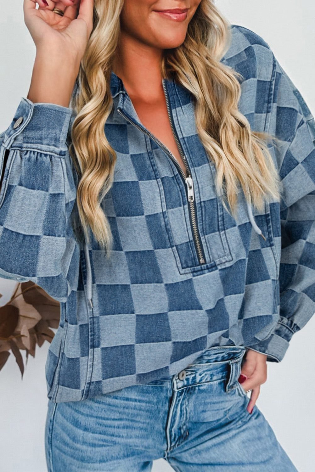 Sky Blue Checkerboard Zipped Neck Kangaroo Pocket Denim Hoodie