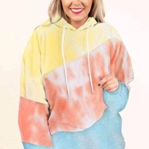 Sky Blue Colorblock Kangaroo Pocket Plus Size Hoodie