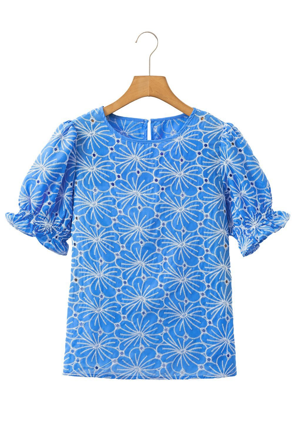 Sky Blue Eyelet Flower Embroidery Frilled Short Puff Sleeve Blouse