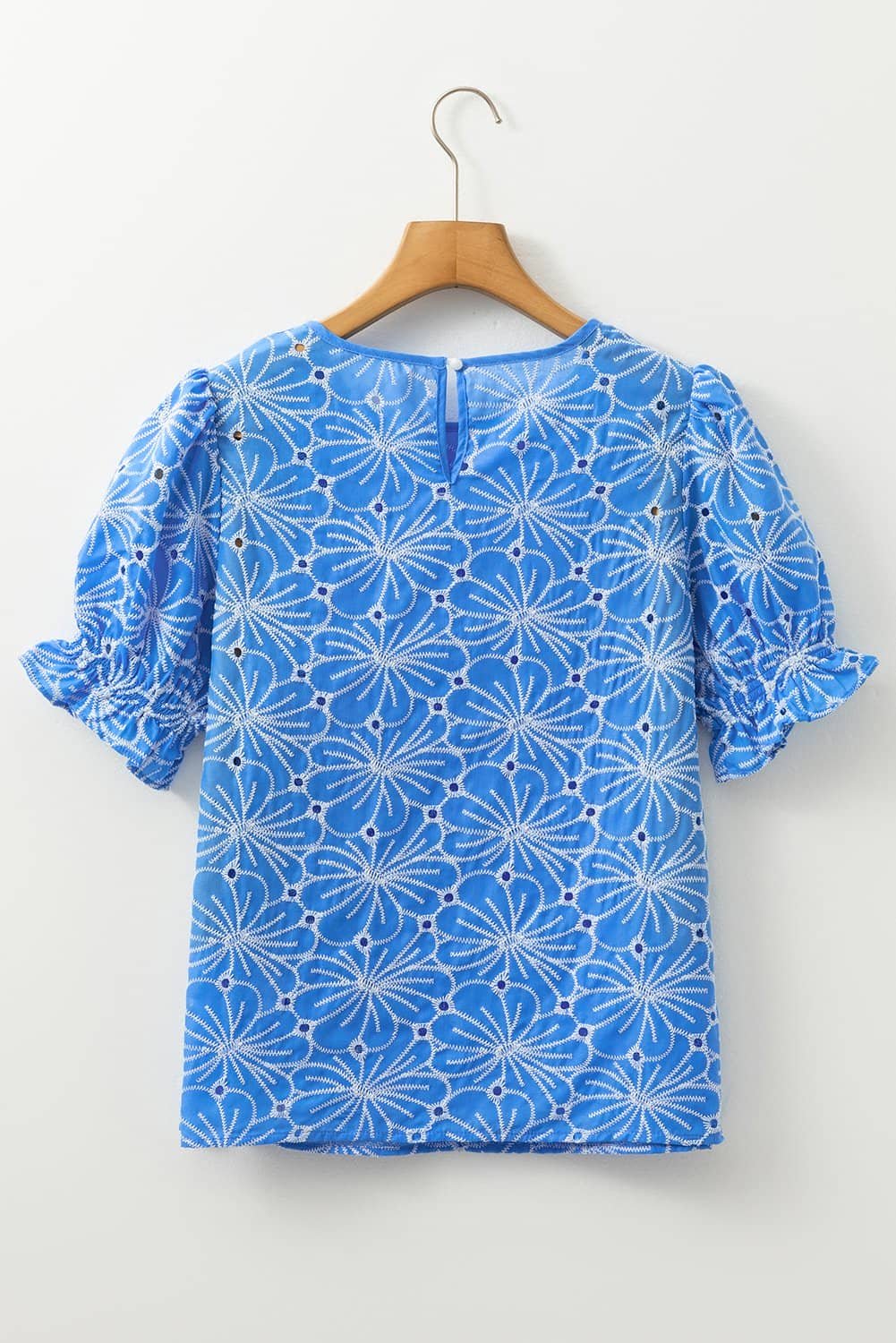 Sky Blue Eyelet Flower Embroidery Frilled Short Puff Sleeve Blouse