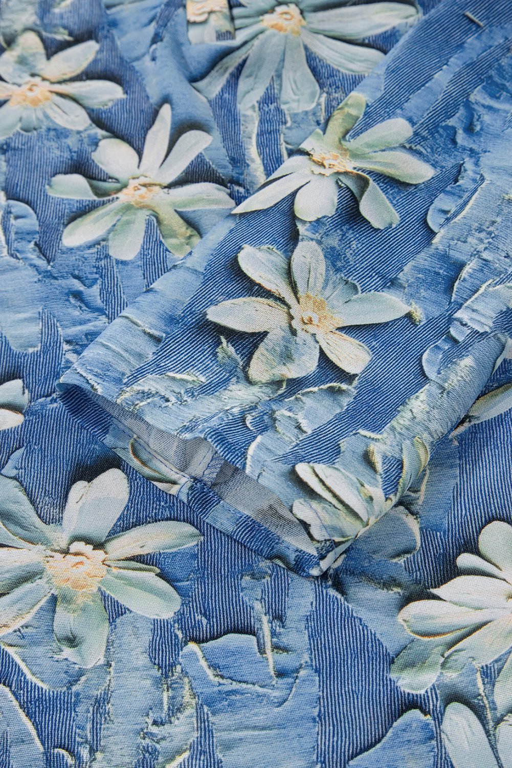 Sky Blue Fall Floral Half Placket Collared V Neck Blouse