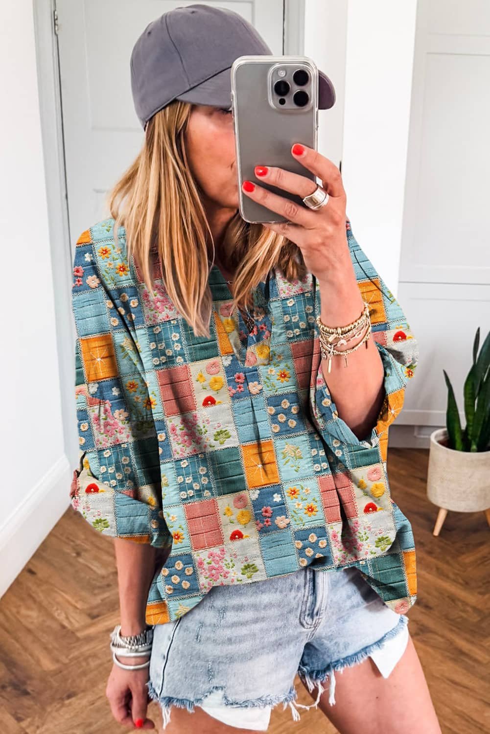Sky Blue Floral Collared V Neck Roll Up Sleeve Shift Blouse