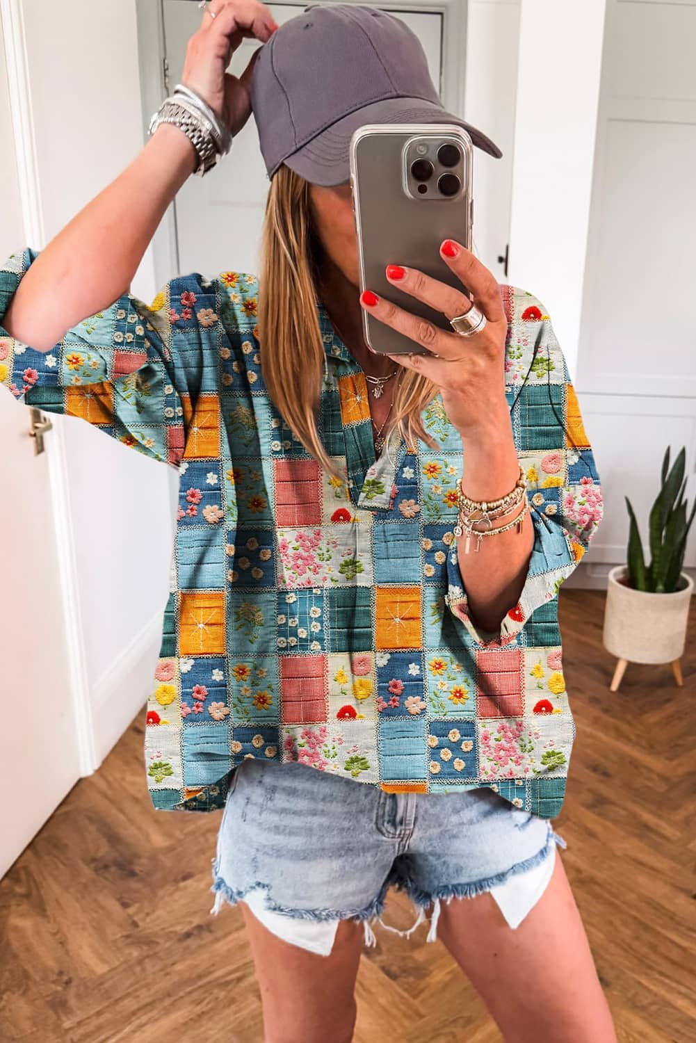 Sky Blue Floral Collared V Neck Roll Up Sleeve Shift Blouse
