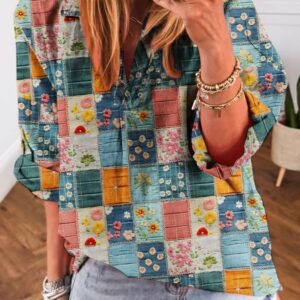 Sky Blue Floral Collared V Neck Roll Up Sleeve Shift Blouse
