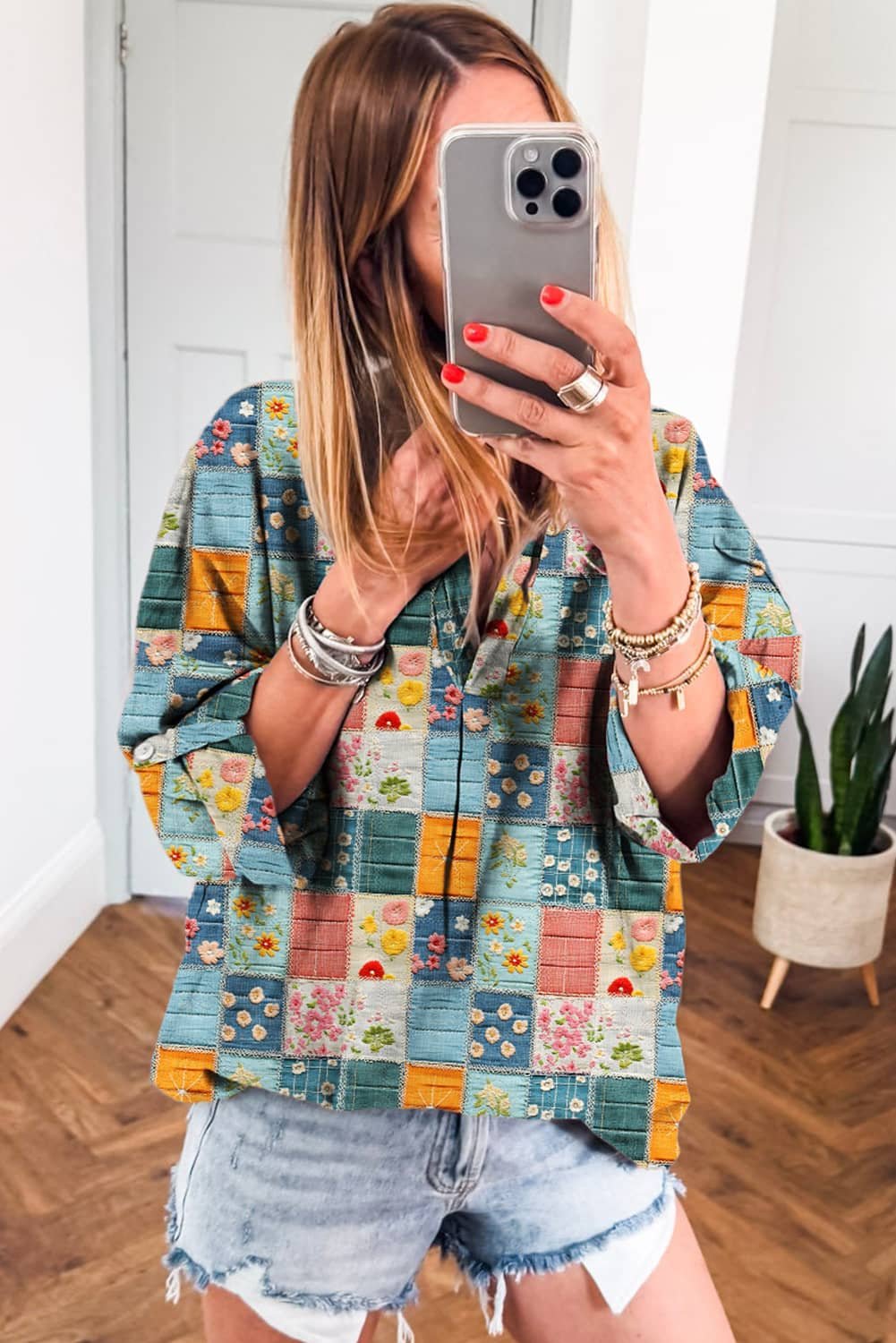Sky Blue Floral Collared V Neck Roll Up Sleeve Shift Blouse