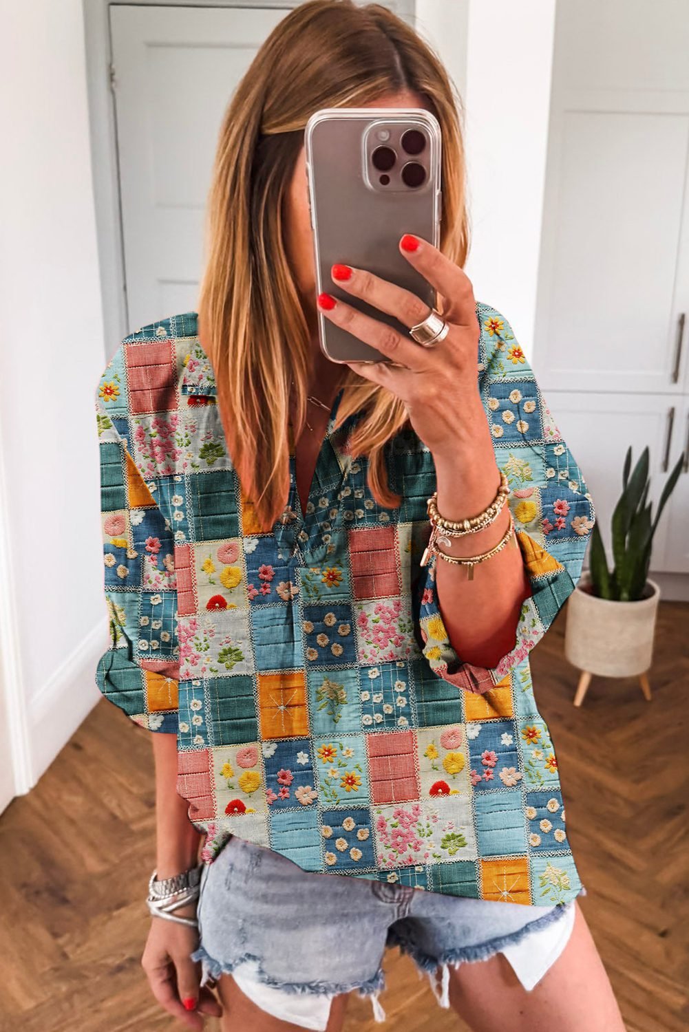 Sky Blue Floral Collared V Neck Roll Up Sleeve Shift Blouse