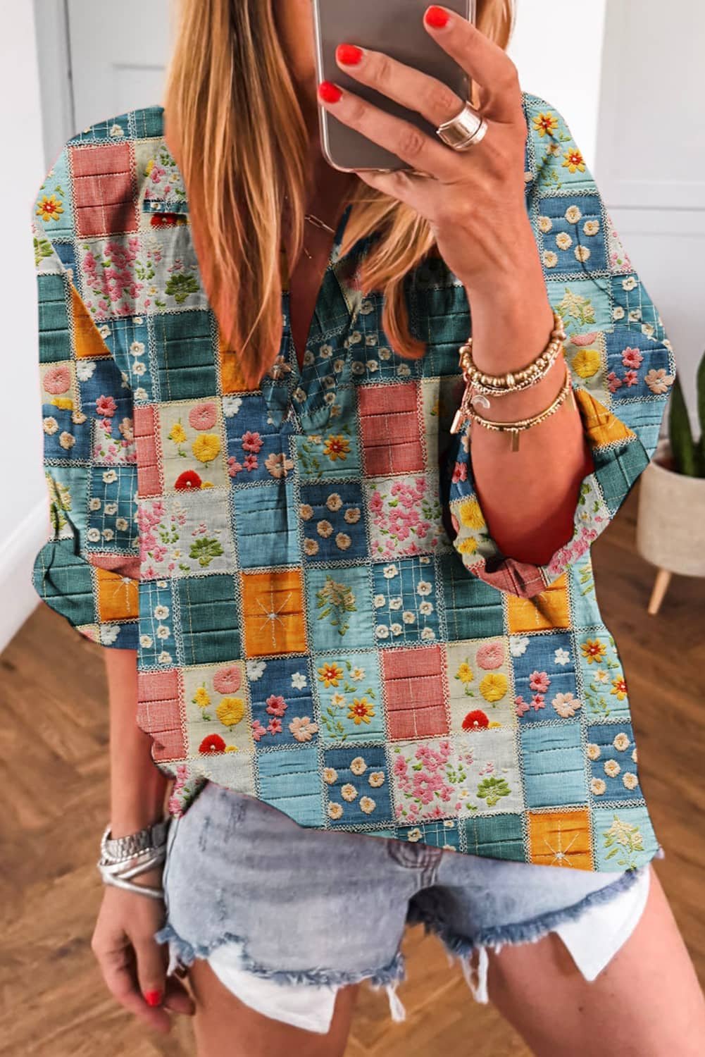 Sky Blue Floral Collared V Neck Roll Up Sleeve Shift Blouse