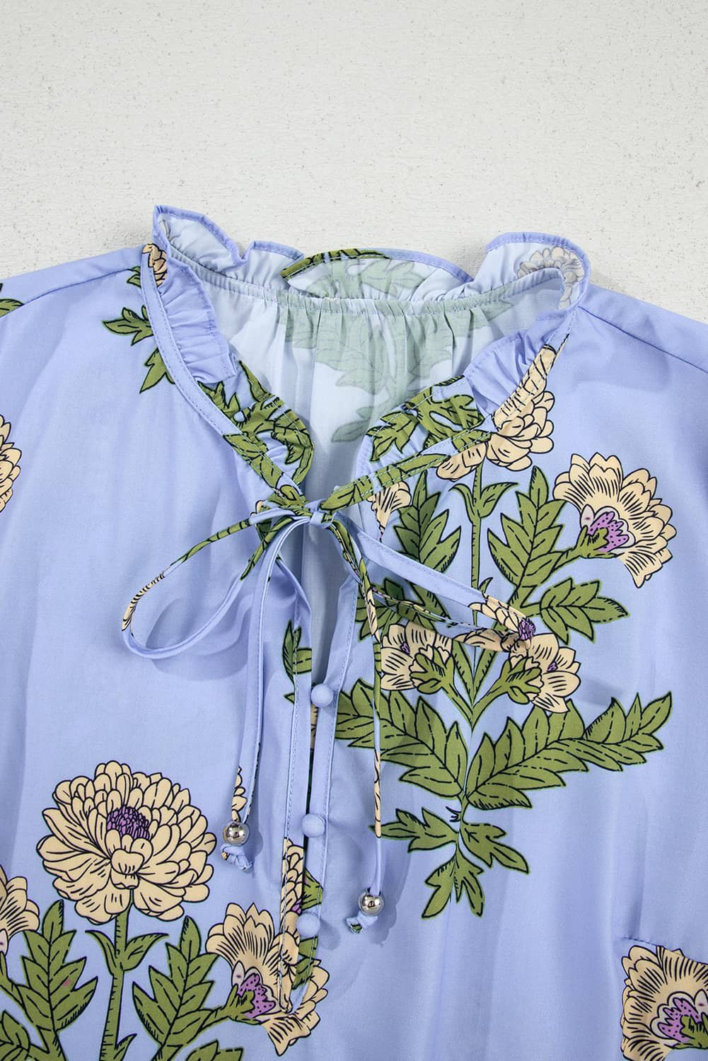 Sky Blue Floral Print Button Tie Neck Long Puff Sleeve Blouse