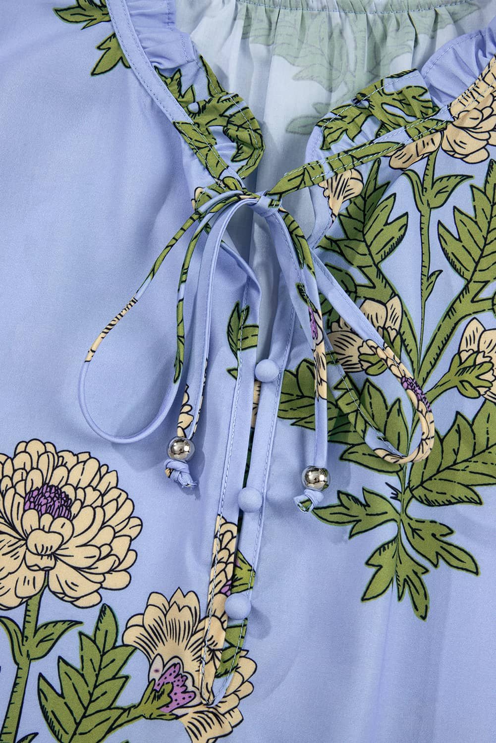 Sky Blue Floral Print Button Tie Neck Long Puff Sleeve Blouse