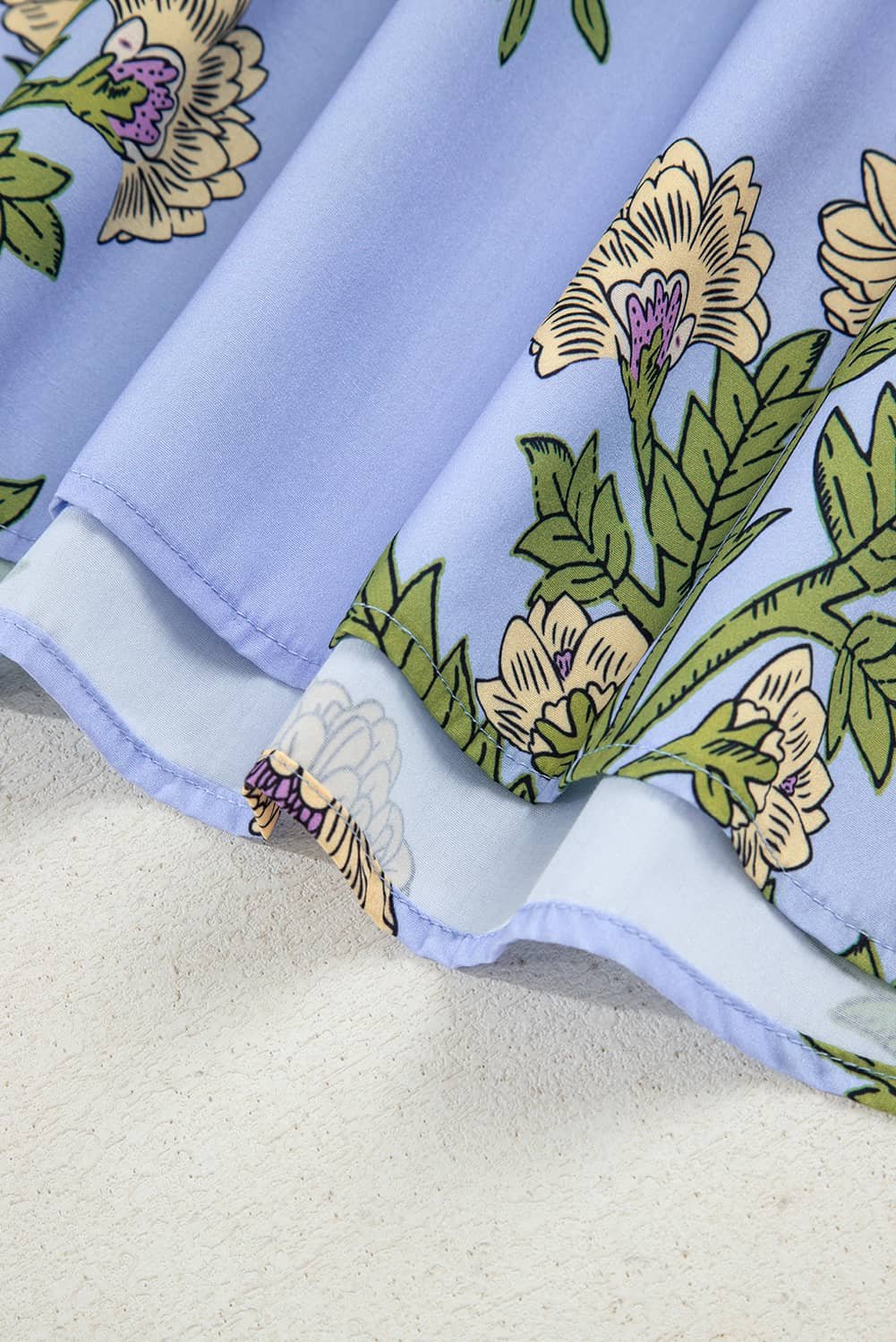 Sky Blue Floral Print Button Tie Neck Long Puff Sleeve Blouse