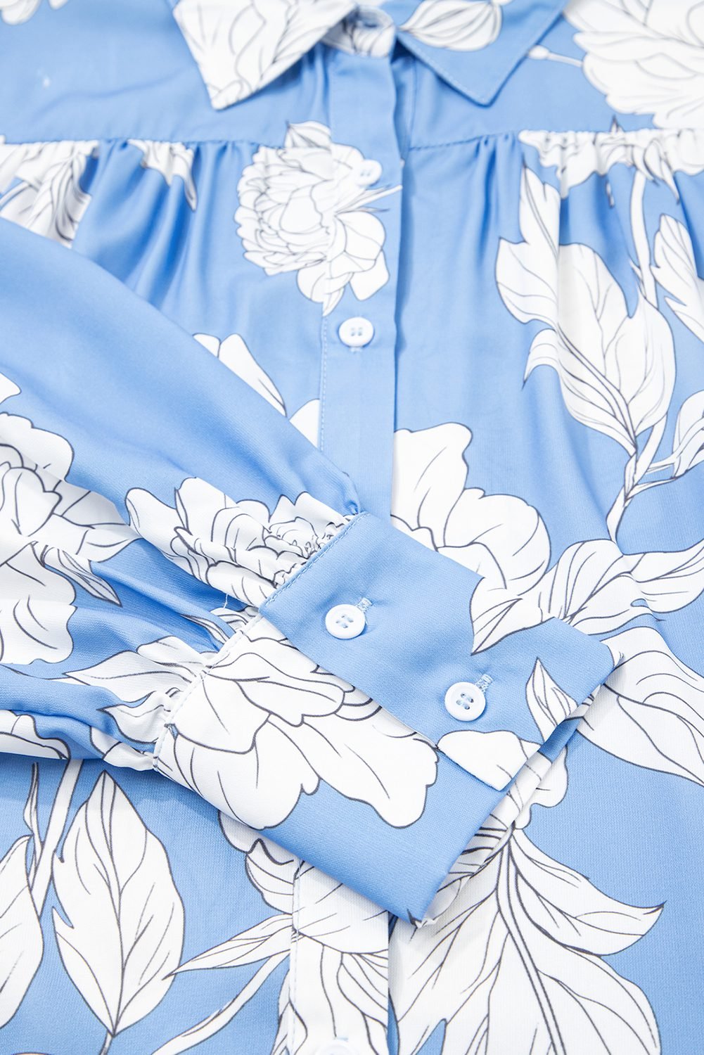 Sky Blue Floral Print Button Up Pleated Detail Puff Sleeve Shirt