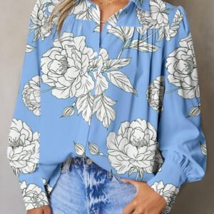 Sky Blue Floral Print Button Up Pleated Detail Puff Sleeve Shirt