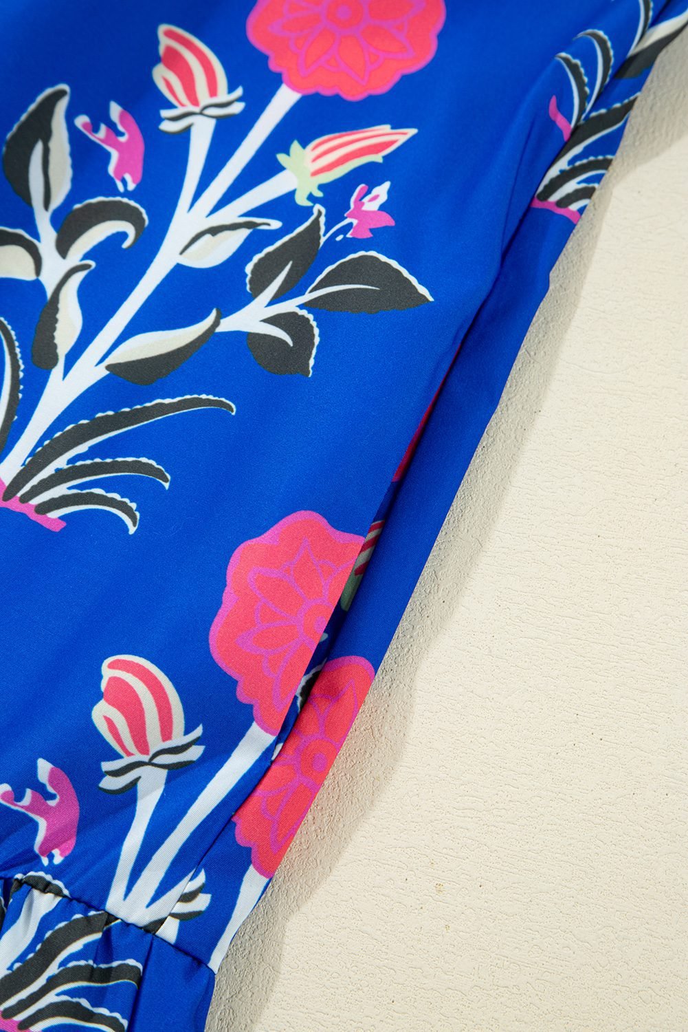 Sky Blue Floral Print Contrast Striped Trim Notched Neck Long Sleeve Dress