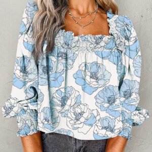 Sky Blue Floral Print Frilly Smocked Square Neck Long Sleeve Blouse