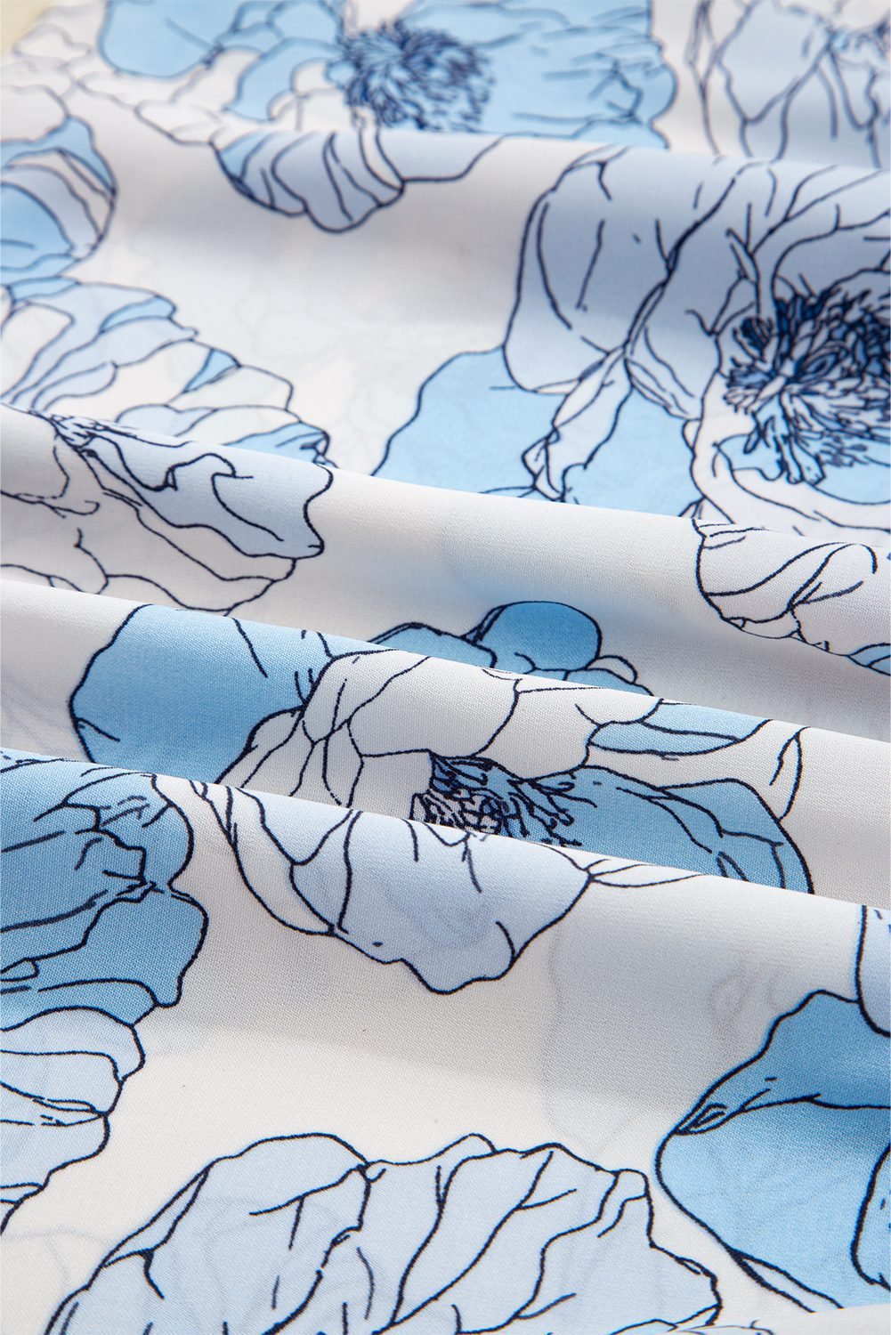 Sky Blue Floral Print Frilly Smocked Square Neck Long Sleeve Blouse