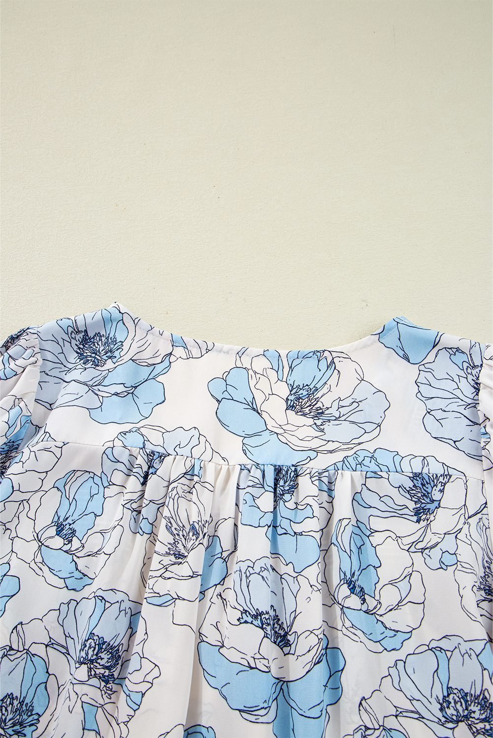 Sky Blue Floral Print Frilly Smocked Square Neck Long Sleeve Blouse